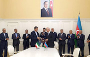 مراسم امضای تفاهم نامه ساخت پل آستاراچای با حضور وزیر راه و شهرسازی ایران و معاون نخست وزیر آذربایجان