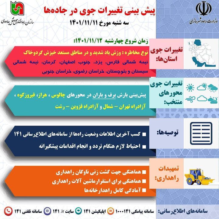 بارش برف و باران در محورهای شمالی کشور در روز چهارشنبه
