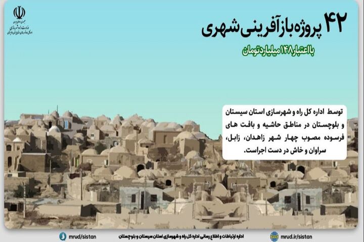 اینفوگرافیک| اجرای ۴۲ پروژه بازآفرینی شهری با اعتبار ۱۴۸ میلیارد تومان توسط اداره کل راه و شهرسازی شمال استان سیستان و بلوچستان