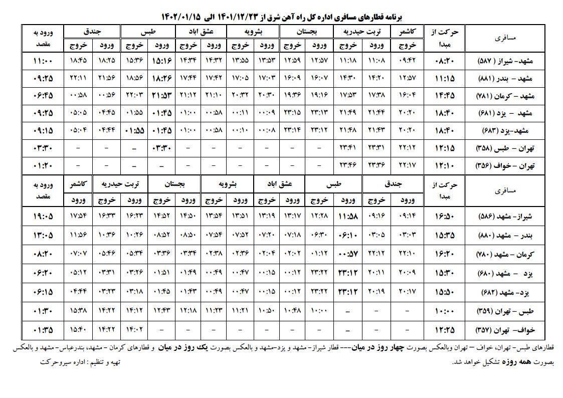 برنامه حرکت قطارهای نوروزی راه آهن شرق از ۲۳ اسفند ۱۴۰۱ تا ۱۵ فروردین ۱۴۰۲