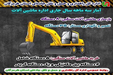 آمار سه ماهه سال جاری اداره ماشین آلات راهداری و حمل و نقل جاده ای استان هرمزگان