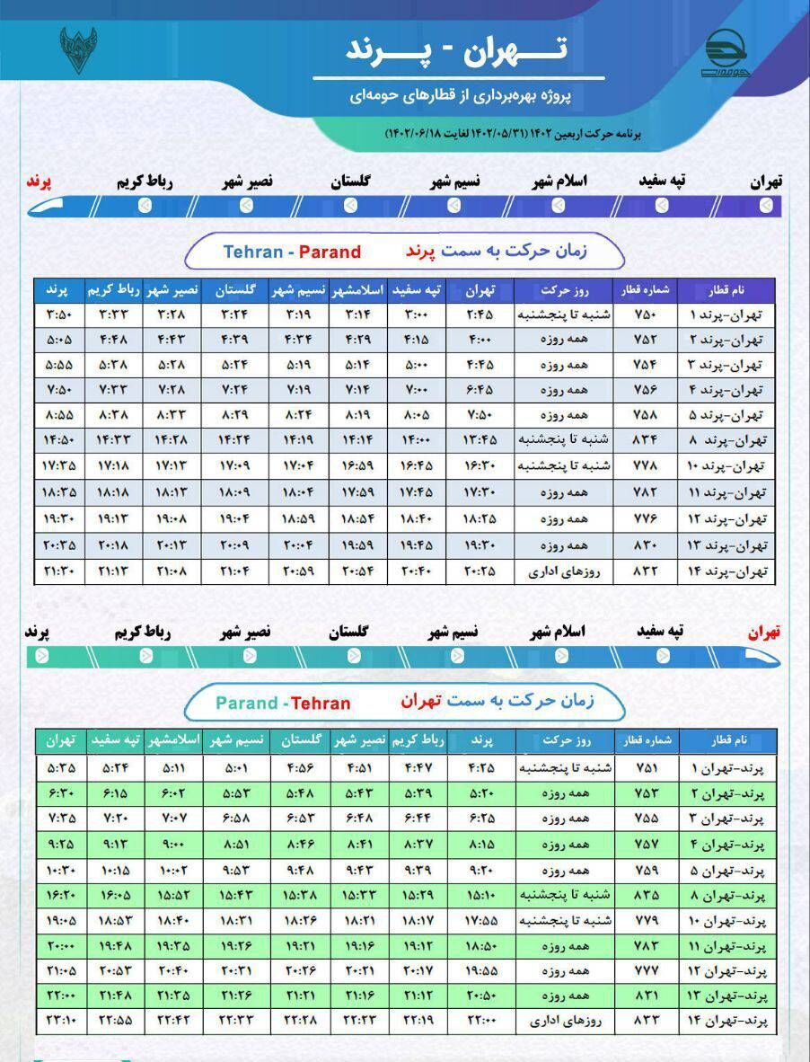 برنامه حرکت و جدول مسیر قطارهای حومهای اداره کل راهآهن تهران اعلام شد