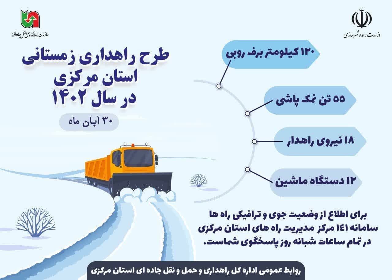 اینفوگرافیک| عملیات راهداری زمستانی از بامداد روز سه‌شنبه ۳۰ آبان ماه ۱۴۰۲ تا ساعت ۱۳ در استان مرکزی