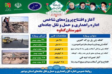 اینفوگرافیک | پروژه های شاخص راهداری و حمل و نقل جاده ای شهرستان گناوه استان بوشهر در دهه فجر ۱۴۰۲