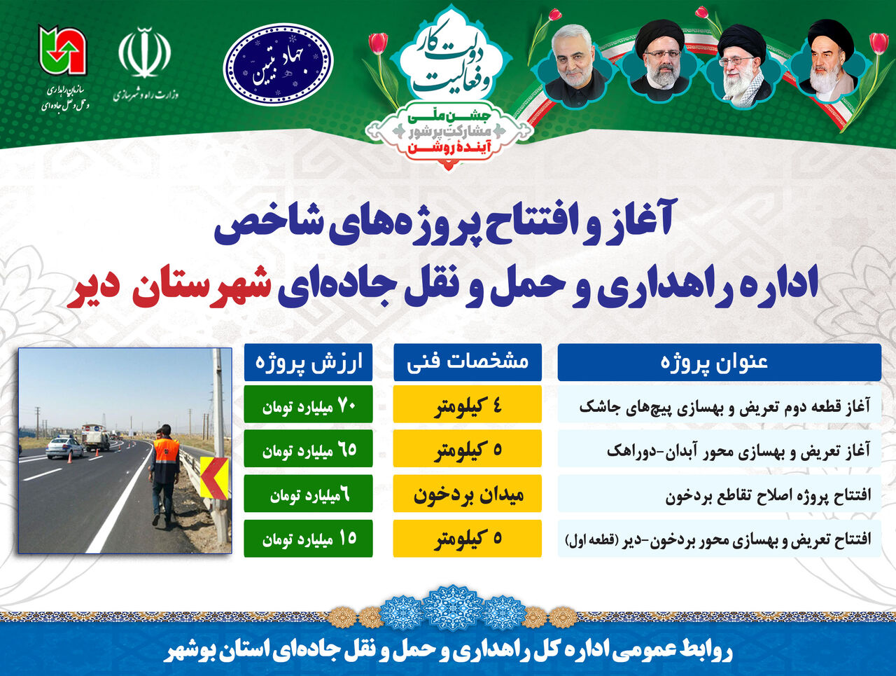 اطلاع نگاشت| پروژه‌های شاخص راهداری و حمل و نقل جاده‌ای شهرستان دیّر استان بوشهر در دهه فجر 
