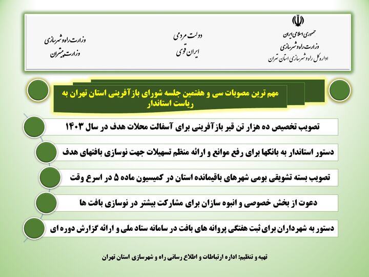 اطلاع نگاشت| مهمترین مصوبات  سی و هفتمین جلسه شورای بازآفرینی استان تهران