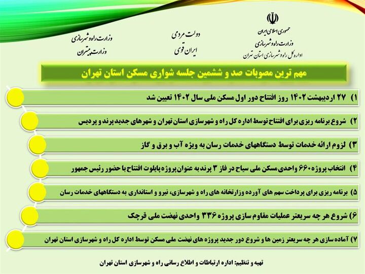 اطلاع نگاشت| مهمترین مصوبات صدو ششمین جلسه شورای مسکن استان تهران