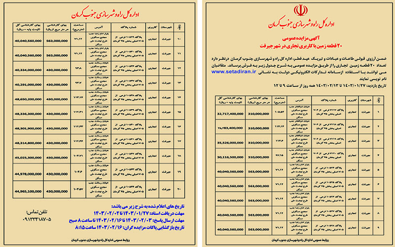 فراخوان مزایده عمومی برای فروش ۲۰ قطعه زمین تجاری در شهر جیرفت منتشر شد
