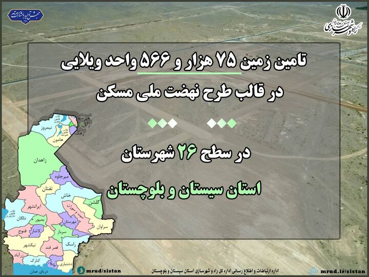 اطلاع نگاشت|تامین زمین برای ساخت ۷۵ هزار و ۵۶۶ واحد ویلایی طرح نهضت ملی مسکن در ۲۶ شهرستان استان سیستان و بلوچستان  