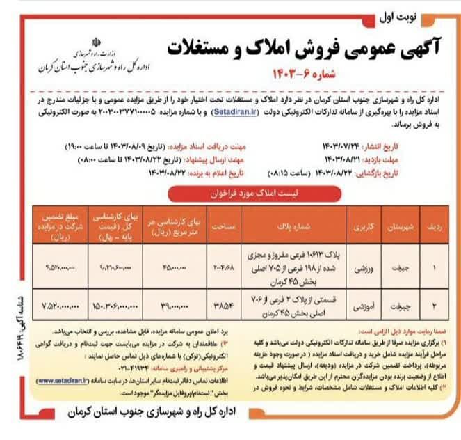 مزایده فروش املاک و مستغلات اداره کل راه و شهرسازی جنوب کرمان برگزار میشود