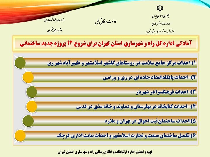 اطلاع نگاشت| آمادگی اداره کل راه و شهرسازی استان تهران برای شروع 12 پروژه ساختمانی