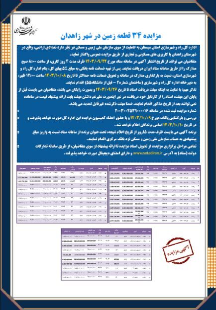 اطلاع نگاشت|آگهی مزایده عرضه ۳۴ قطعه زمین تجاری و مسکونی در زاهدان