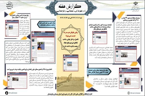 ببینید|بولتن هفتگی اداره کل راه و شهرسازی استان سیستان و بلوچستان هفته دوم اردیبهشت ماه ۱۴۰۴ (۱)