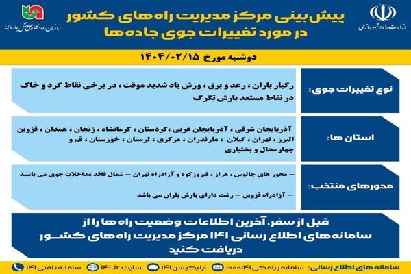 اطلاع نگاشت| پیش‌بینی تغییرات جوی در جاده‌های کشور در روز دوشنبه ۱۵ اردیبهشت‌ماه ۱۴۰۴