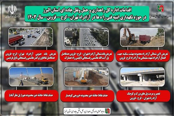 اطلاع نگاشت|اقدامات اداره کل راهداری استان البرز در حوزه نگهداری ابنیه فنی راه ها در آزادراه تهران -کرج قزوین در سال ۱۴۰۳