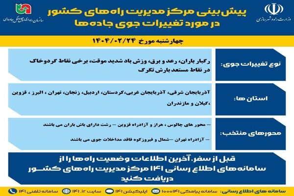 اطلاع نگاشت | پیش‌بینی تغییرات جوی در جاده‌های کشور در روز چهارشنبه ۲۴ اردیبهشت‌ماه ۱۴۰۴