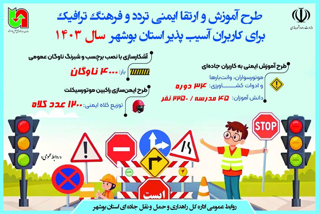 اطلاع نگاشت| طرح آموزش و ارتقا ایمنی تردد و فرهنگ ترافیک برای کاربران آسیب پذیر استان بوشهر سال ۱۴۰۳