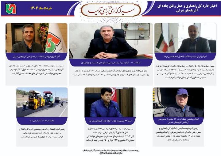 اطلاع نگاشت| عملکرد اداره کل راهداری و حمل‌ونقل جاده ای آذربایجان شرقی در خرداد ماه ۱۴۰۴