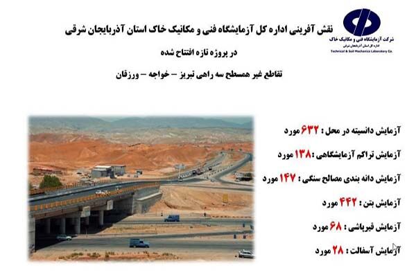 اطلاع نگاشت| نقش آفرینی آزمایشگاه فنی و مکانیک خاک استان آذربایجان شرقی در ارتقاء کیفیت پروژه تقاطع غیر همسطح سه راهی تبریز- خواجه- ورزقان