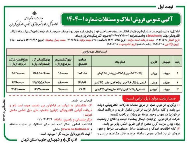 مزایده فروش املاک و مستغلات اداره کل راه و شهرسازی جنوب کرمان برگزار می شود