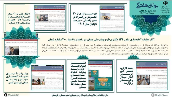 ببینید|بولتن هفتگی اداره کل راه و شهرسازی استان سیستان و بلوچستان هفته چهارم مردادماه ۱۴۰۴ (۲)