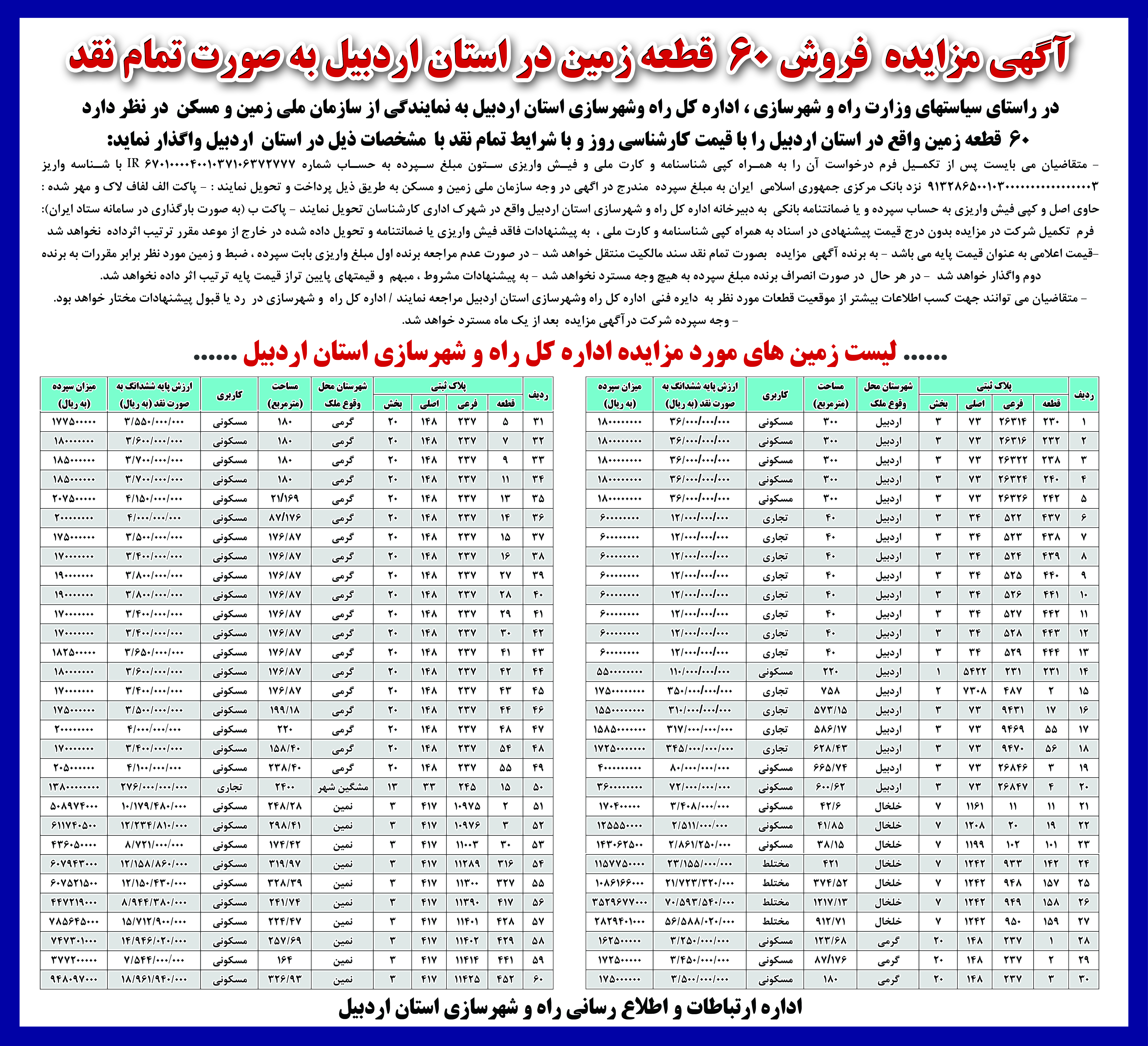 مزایده ۶۰ قطعه زمین در راستان اردبیل
