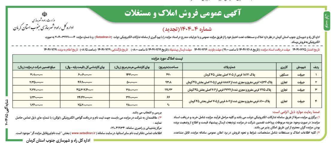 مزایده فروش املاک و مستغلات اداره کل راه و شهرسازی جنوب کرمان برگزار می‌شود 