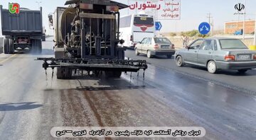 ادامه عملیات روکش آسفالت لایه نازک پلیمری در آزادراه قزوین – کرج