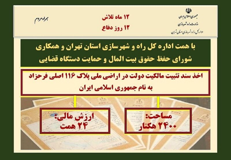 اطلاع نگاشت| اخذ سند و تثبیت مالکیت دولت در اراضی ملی فرحزاد به مساحت ۲۴۰۰ هکتار