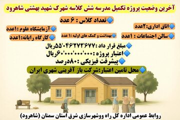 اطلاع نگاشت| آخرین وضعیت پروژه تکمیل مدرسه شش کلاسه شهرک شهید بهشتی شاهرود