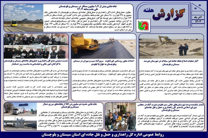 ببینید | بولتن هفتگی اداره کل راهداری و حمل و نقل جاده ای سیستان و بلوچستان هفته سوم آذرماه ۱۴۰۴