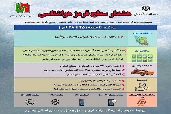 اطلاع نگاشت| توصیه های اداره کل راهداری و حمل و نقل جاده ای استان بوشهر همزمان با هشدار سطح قرمز هواشناسی