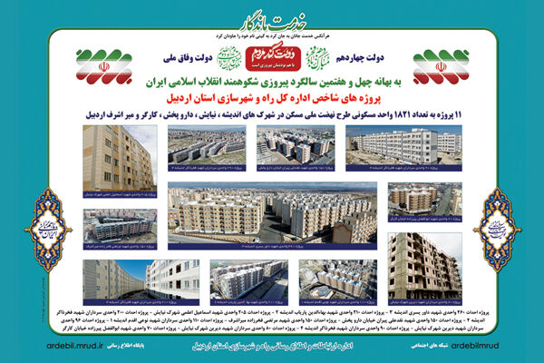  اطلاع‌نگاشت: ۱۱ پروژه به تعداد ۱۸۲۱ واحد مسکونی طرح نهضت ملی مسکن در شهرک‌های اندیشه، نیایش، خیابان دارو پخش، کارگر و میراشرف اردبیل