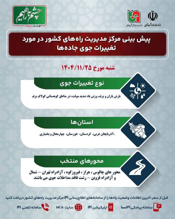 وضعیت جوی جاده‌ها | پیش‌بینی تغییرات جوی در جاده‌های کشور در روز شنبه ۲۵ بهمن‌ماه ۱۴۰۴