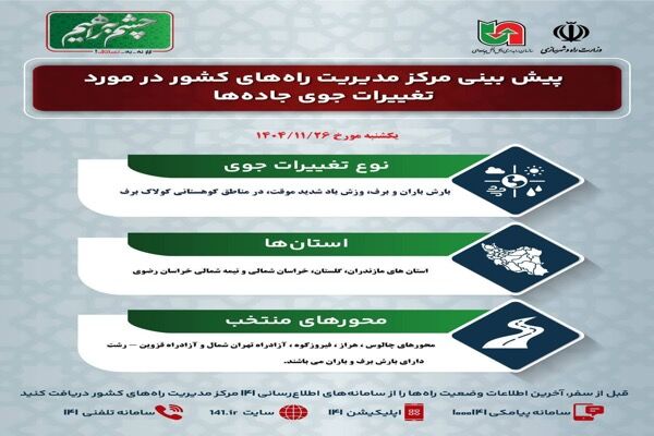 وضعیت جوی جاده‌ها | پیش‌بینی تغییرات جوی در جاده‌های کشور در روز یکشنبه ۲۶ بهمن‌ماه ۱۴۰۴