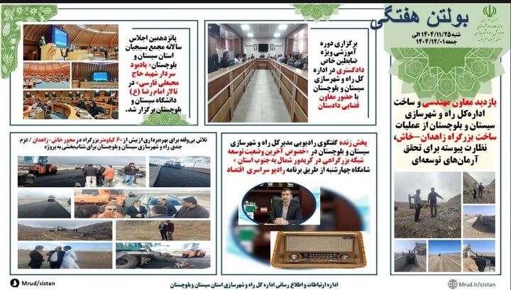 ببینید| بولتن هفتگی اداره کل راه و شهرسازی سیستان و بلوچستان- اول اسفندماه ۱۴۰۴