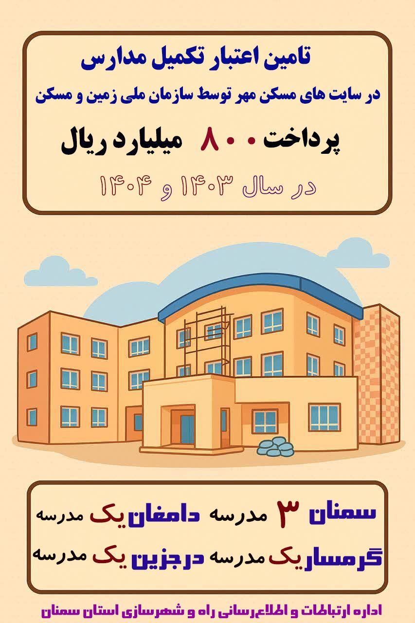 اطلاع نگاشت| تامین اعتبار تکمیل مدارس در سایت های مسکن مهر استان سمنان 