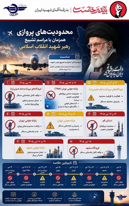 اطلاع‌نگاشت| محدودیت های پروازی همزمان با مراسم تشییع رهبر شهید انقلاب اسلامی