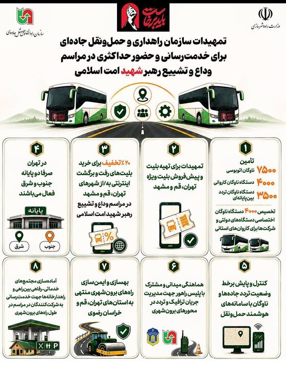 اطلاع‌نگاشت| تمهیدات سازمان راهداری و حمل و نقل جاده‌ای برای خدمت رسانی و حضور حداکثری در مراسم وداع و تشییع رهبر شهید امت اسلامی