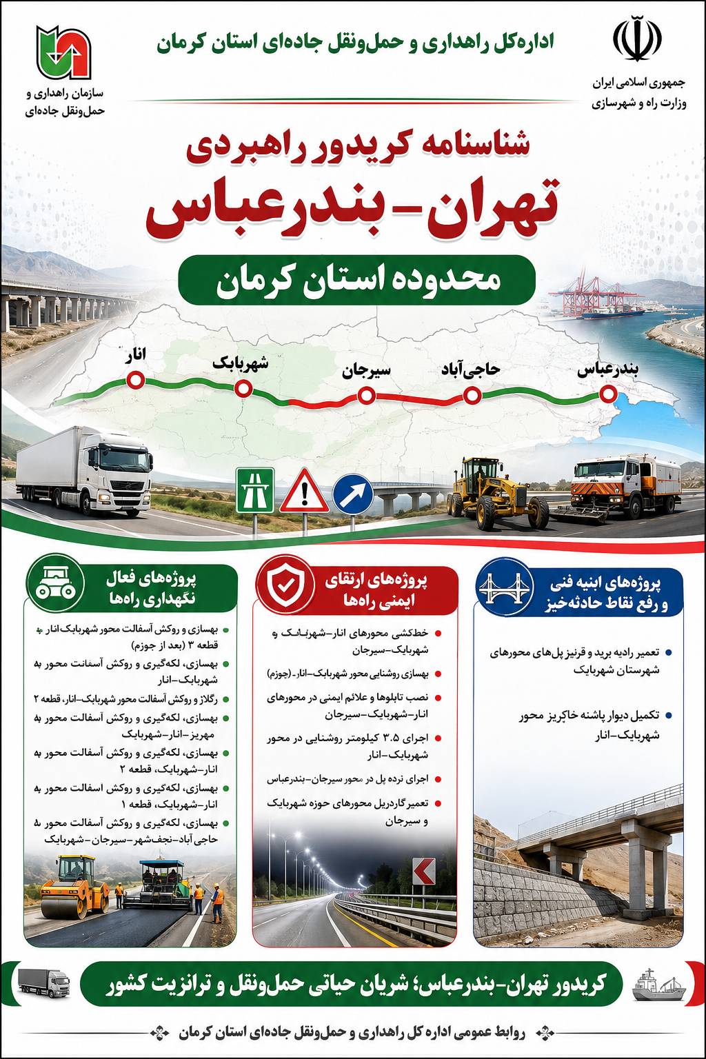 اطلاع‌نگاشت| بهسازی روکش آسفالت و ایمن‌سازی کریدور تهران - بندرعباس در  استان کرمان