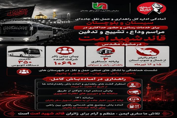 اطلاع نگاشت | آمادگی اداره کل راهداری و حمل‌ونقل جاده‌ای سیستان و بلوچستان برای خدمات رسانی و حضور حداکثری مردم استان در مراسم وداع، تشییع و تدفین قائد شهید امت در مشهد مقدس