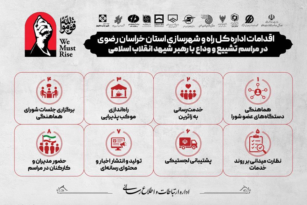 اطلاع نگاشت | اقدامات اداره کل راه و شهرسازی استان خراسان رضوی در مراسم تشییع و وداع با رهبر شهید انقلاب اسلامی