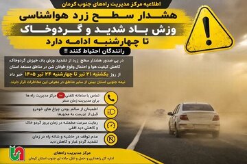 هشدار سطح زرد هواشناسی؛ وزش باد شدید و گردوخاک تا چهارشنبه ادامه دارد/ رانندگان احتیاط کنند
