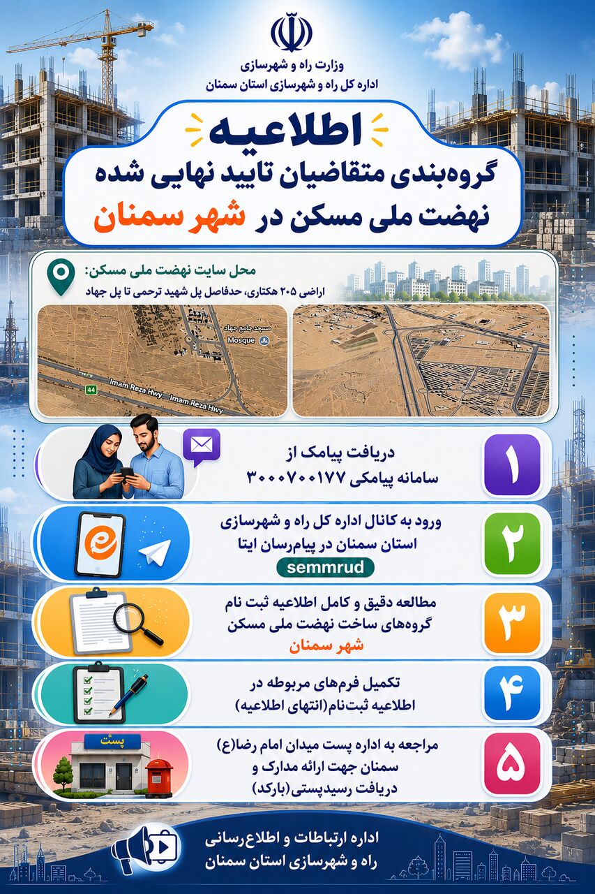 اطلاع نگاشت| اطلاعیه گروه بندی متقاضیان نهضت ملی مسکن در شهر سمنان 