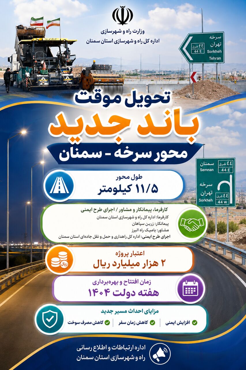 اطلاع نگاشت| تحویل موقت باند جدید محور سرخه-سمنان 