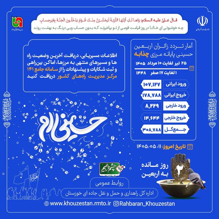 اطلاع‌نگاشت| تردد مسافر از پایانه مرزی چذابه ۲۵ تیر تا ۱۰ مرداد ۱۴۰۵ / ۱ تا۱۷ صفر ۱۴۴۸