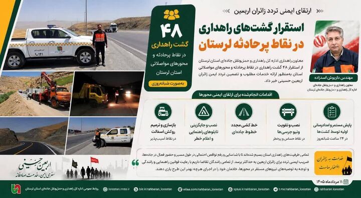 اطلاع نگاشت| ارتقای ایمنی تردد زائران اربعین با استقرار گشت‌های راهداری در نقاط پرحادثه لرستان