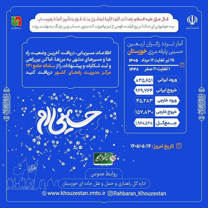 اطلاع‌نگاشت| تردد مسافر از پایانه‌های مرزی خوزستان ۲۵ تیر لغایت ۱۳ مرداد ۱۴۰۵ | ۱ لغایت ۲۰ صفر ۱۴۴۸