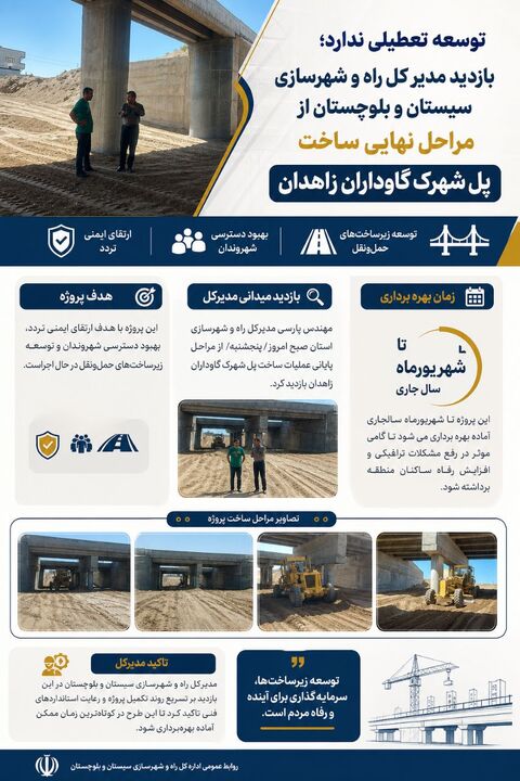 عکس نوشت| توسعه تعطیلی ندارد؛ بازدید مدیر کل راه و شهرسازی سیستان و بلوچستان از مراحل نهایی ساخت پل شهرک گاوداران زاهدان