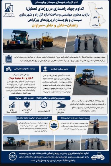 اطلاع نگاشت/ تداوم جهاد راهسازی در روزهای تعطیل؛ بازدید معاون مهندسی و ساخت اداره کل راه و شهرسازی  سیستان  و بلوچستان از پروژه‌های بزرگراهی 